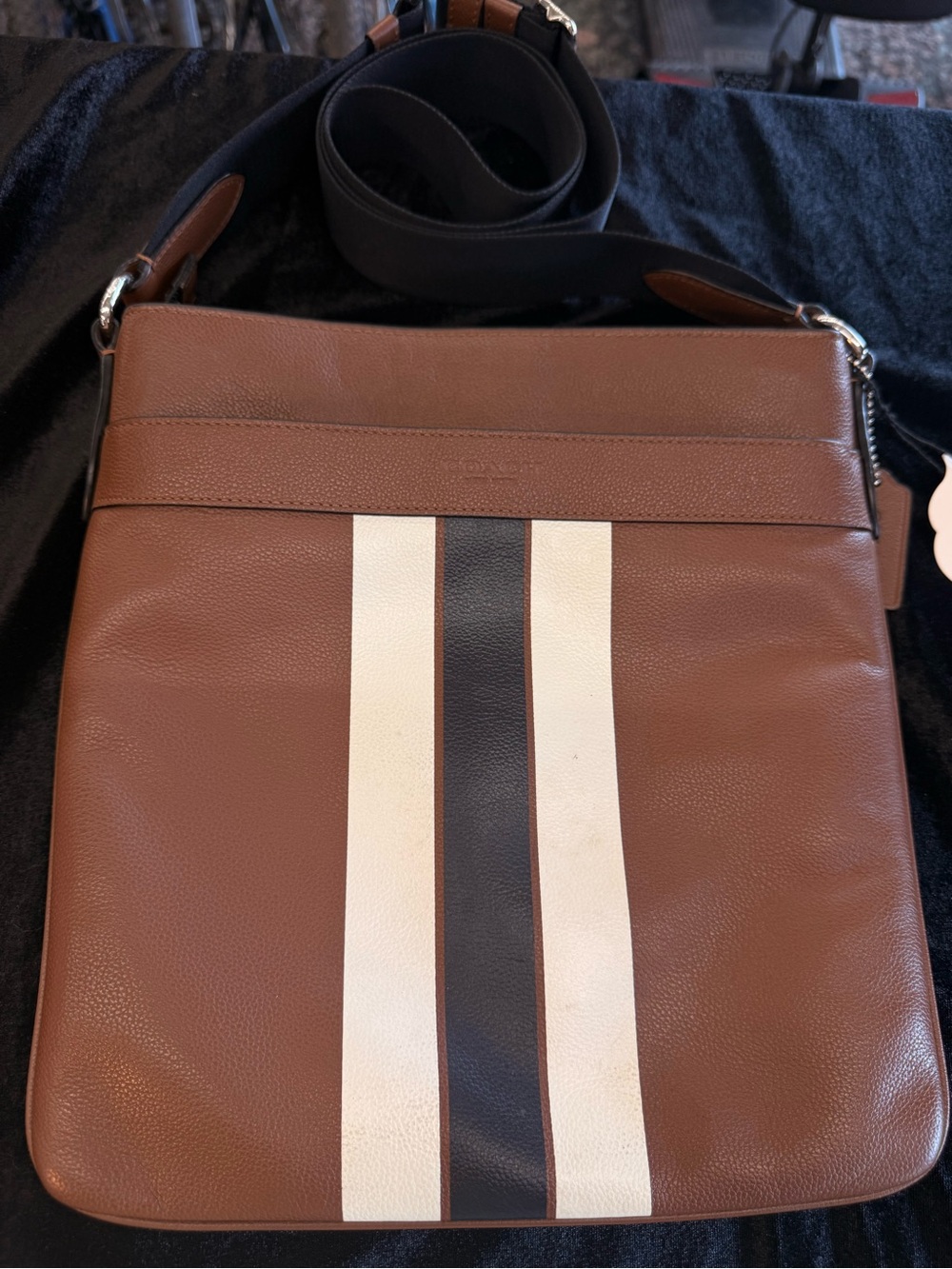 Coach Brown Leather Messenger Bag with White and Black Stripes